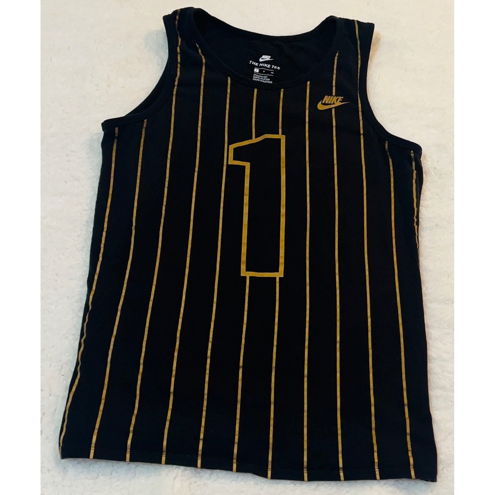 Nike Mens Tank Top Black Gold Pinstripe Graphic Number 1 Athletic Cut Small